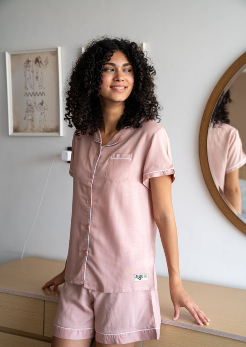 Women Summer Pajama Set Rose Buttoned Shirt + Shorts